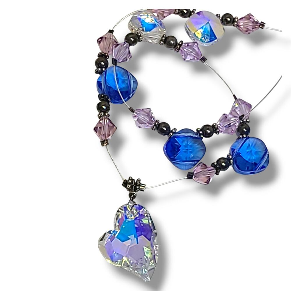 Crystal Glass Heart Pendant Crystal Bead Sterling Silver 925‎ Necklace 19"
